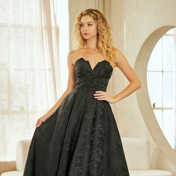 New Strapless A-Line Evening Floral Jacquard Gown w/ Pleated Waistline AC 8061 - Picture 1 of 9